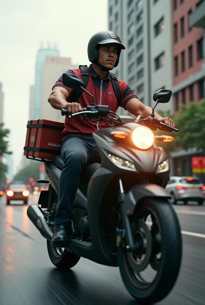 Please I want a photo with the delivery boy facing forward riding the motorcycle and the image showing him from the side