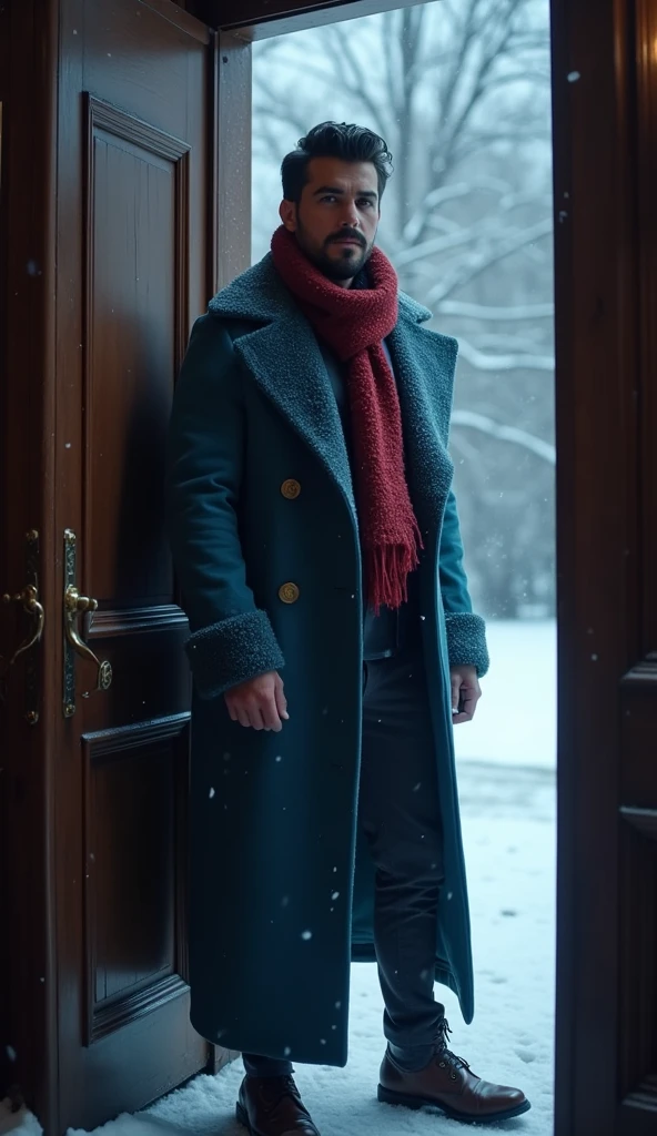 A 21-year-old young rich man with a small beard and big mustache, wearing a lush bluish pent coat and a red muffler. Snow-covered ground and icy environment. Dark, cold night with heavy snowfall. standing in grand mansion entrance door, looking outside from the door, picture from outside the door, snowy and cold environment.