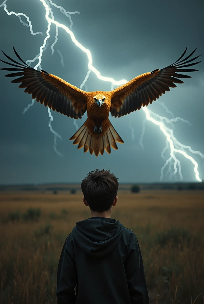 In a plain,Thunder and lightning,A huge lightning golden eagle,Horror and weird pictures,A teenager's face staring into eagle eyes,Back to camera
