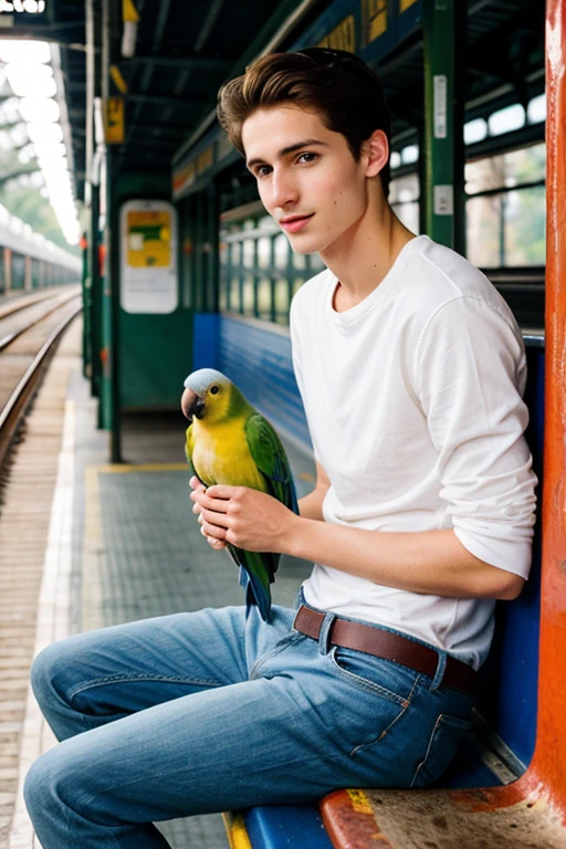 Young cute and handsome skinny white face beautiful soft skin 27 year old waiting for an old train with a little parrot