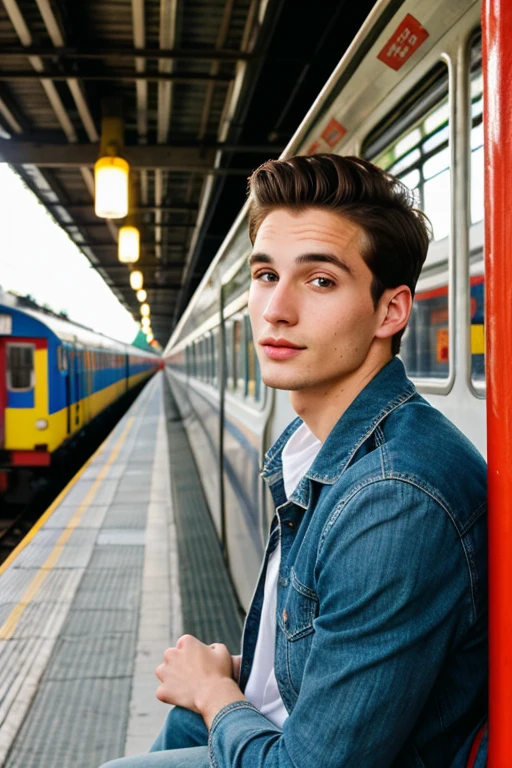 Young cute and handsome skinny white face beautiful soft skin 27 year old waiting for an old train with a little parrot