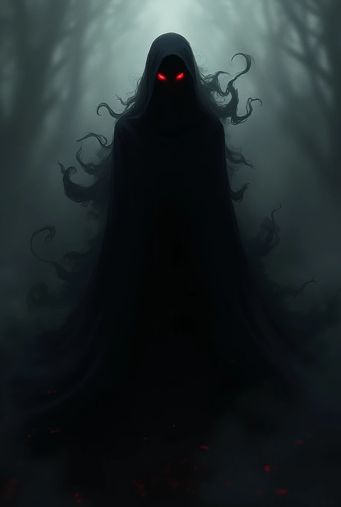 Anime black figure with red glowing eyes and black mist around