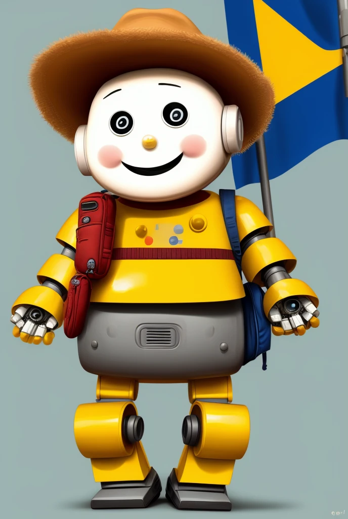 Chubby little friendly robot with a travel backpack and a vueltiao hat waving with one hand and with the flag of the country of Colombia