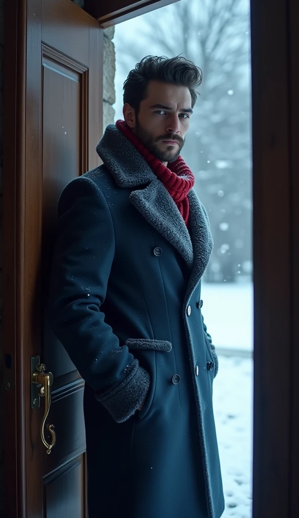 A 21-year-old young rich man with a small beard and big mustache, wearing a lush bluish pent coat and a red muffler. Snow-covered ground and icy environment. Dark, cold night with heavy snowfall. standing in grand mansion entrance door, looking outside from the door, picture from outside the door toward the snow, snowy and cold environment.