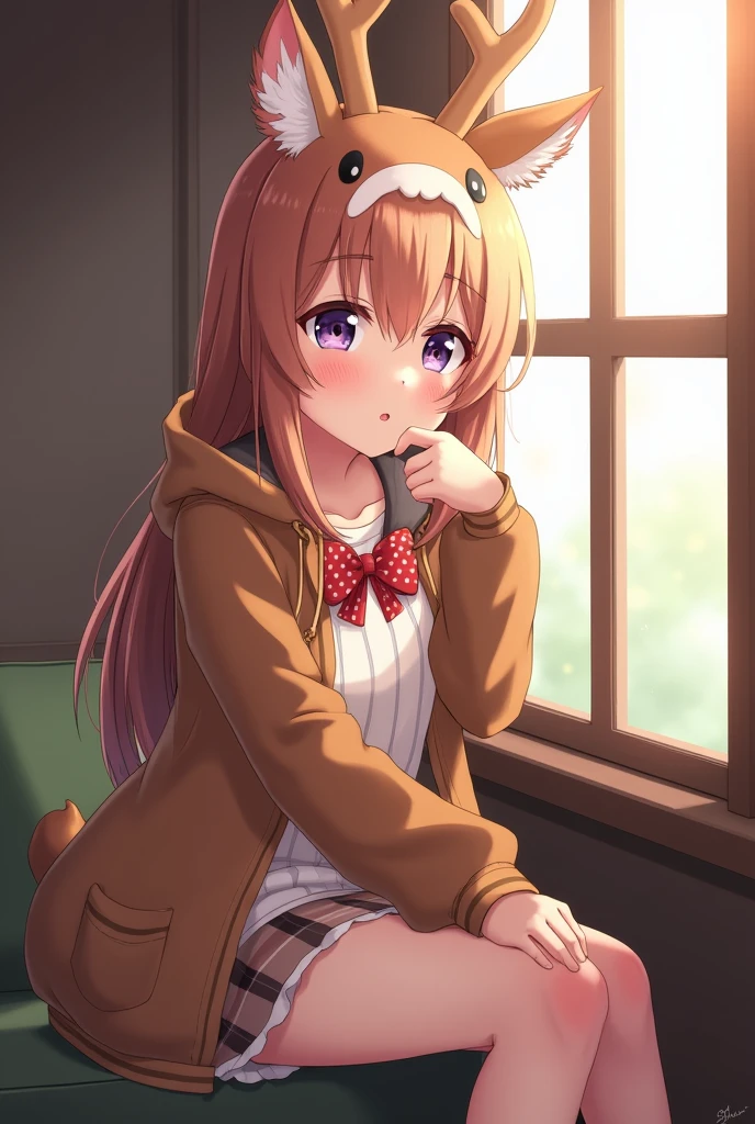 Anime girl character in deer costume listening to music thoughtfully by the window