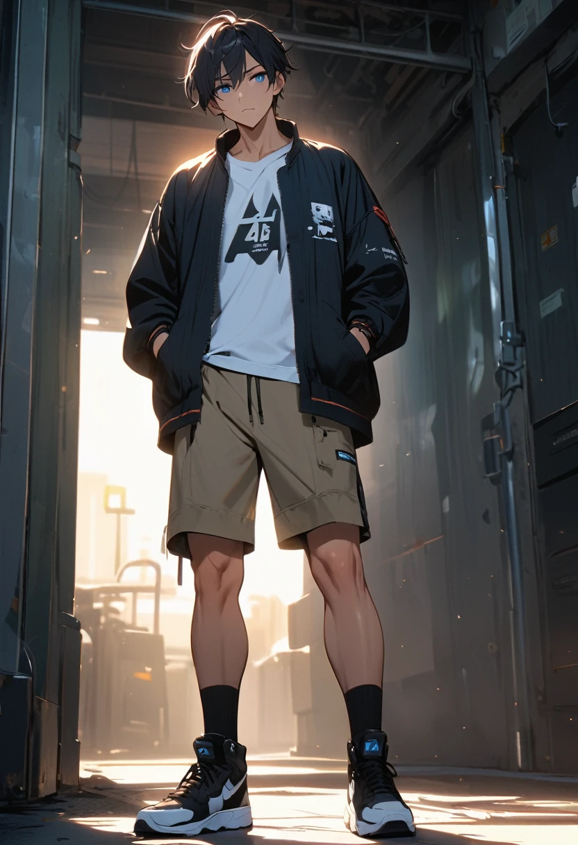 masterpiece, best quality, perfect lighting, high resolution, 1 guy, (tall), (handsome), toned physique, BREAK, short, black hair, blue eyes, BREAK, black, long-sleeved shirt with logo, BREAK, white, khaki shorts, and white, hightop shoes, hands in pockets, full body view