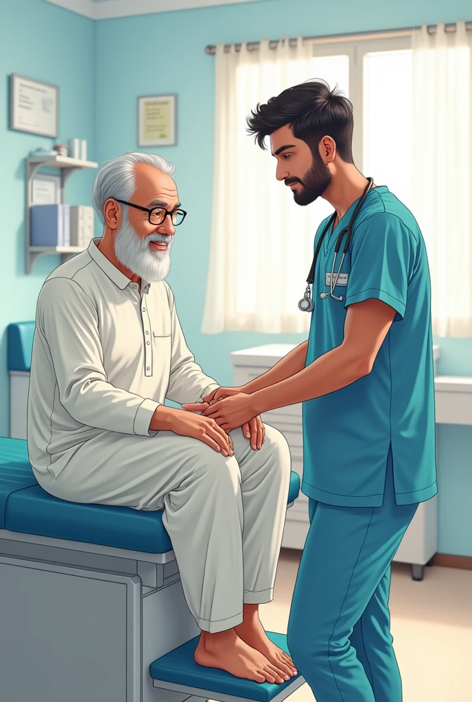 Imagine a healthy physiotherapist with name as Dr. Hamees Tahir written on scrub helping a old male patient in shalwar kameez to do knee movment anime