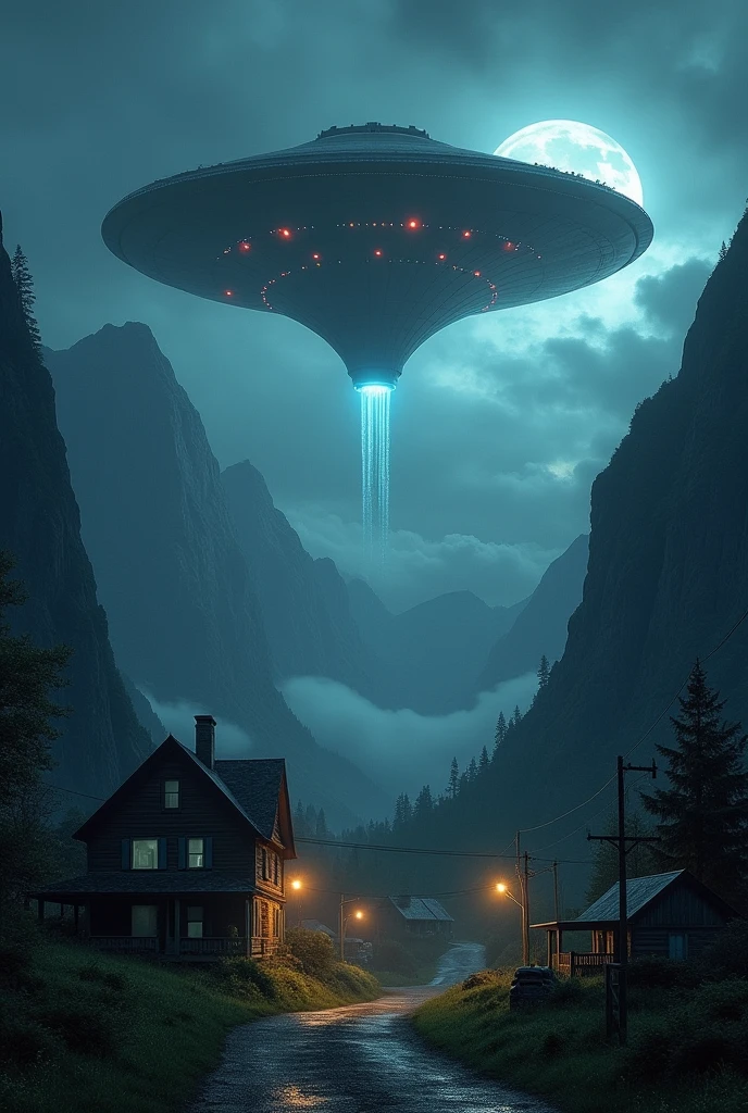 terror, ci-fi, village between mountains with an alien ship over the village, at night