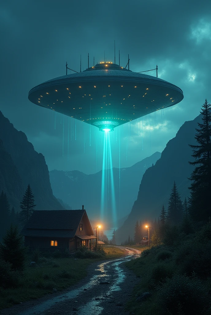terror, ci-fi, village between mountains with an alien ship over the village, at night