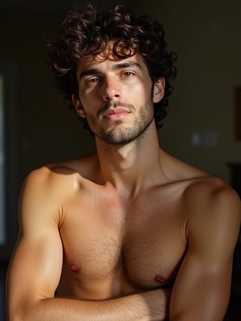 a handsome 30 year old man with curly hair and brown eyes, naked, showing his hairy armpits, seductive face, photograph lit with natural light