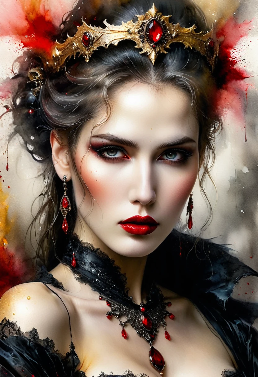 Fantasy realism, highly detailed mesmerizing HDR, digital art, extreme close-up, in the style of Luis Royo, bright red lips, pale skin, long hair tied with a tiara, black and lace robes in red and gold, bare shoulders, choker black and red lace, red jewelry, dynamic pose, sharp focus, very stylish, chiaroscuro, luminism, lights, highly detailed, high definition, hyperrealistic, illustration, perfect mix of watercolor and alcohol ink elements, UHD, cinematic, lighting bright, complex background with vibrant splashes of alcohol ink, deeply faded and muted triadic colors, beyond the realm of reality, 32k,
 , sharp focus, hyperrealism painting concept art of detailed character design matte painting, blade runner with 4k resolution