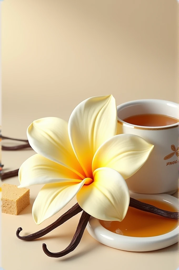 Still life with vanilla flower or elements that have to do with vanilla like a cake