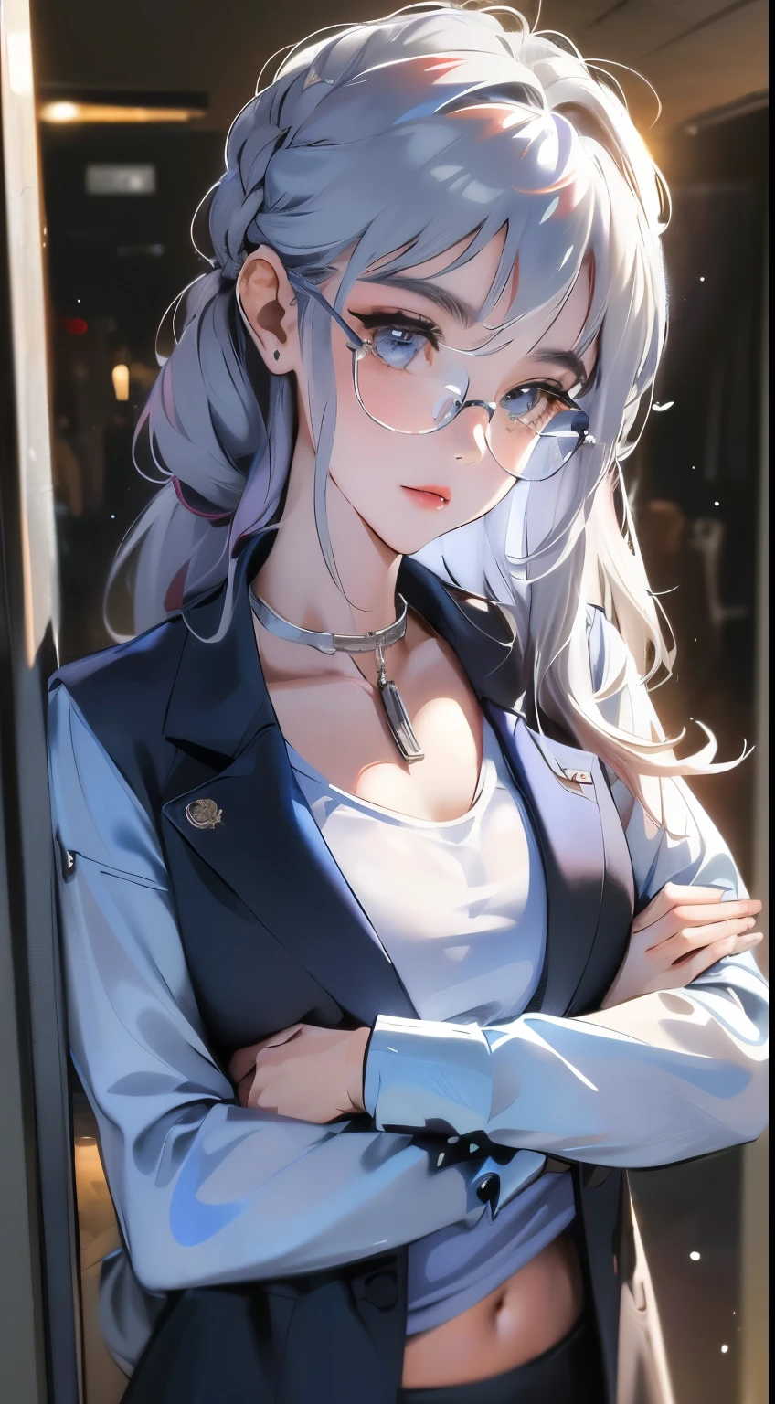 (best quality, 8k, 32K, masterpiece, Ultra high quality:1.3), (Photos of attractive Japanese women), ((1 girl)), ((Mid-chest:1.3)), Abdominal muscles, Perfect body, Super detailed face, Detailed lips, beautiful eyes, double eyelids, ((milf)) Sexy Girl, beautiful girl, jaw-dropping beauty, (Long silver hair:1.2)),  female office worker, ((Simple white T-shirt:1.1)), ((close to face)), smile beautiful, The sun illuminates her beautiful face, gray blazer, Early morning in the dressing room, wear glasses, arms crossed, ((black blazer))