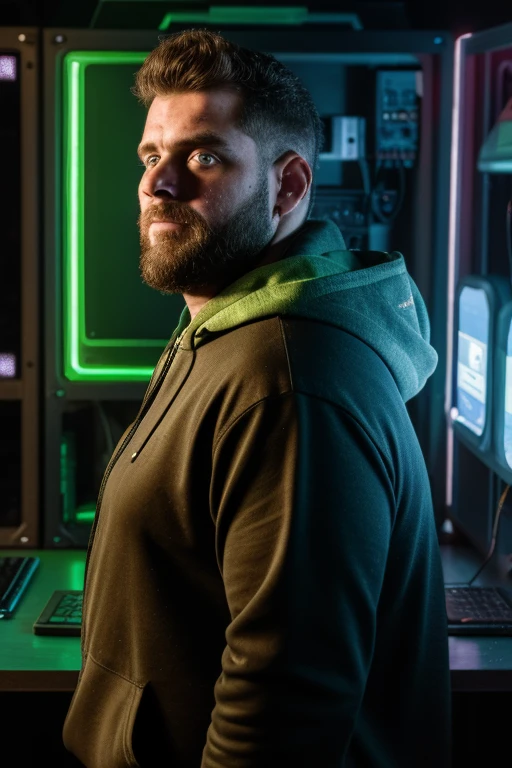 (absurdrez, details Intricate, Masterpiece artwork, best qualityer, high resolution, 8k), 1 eyes, bearded chubby, swedish, mellow,bearded chubby forte e musculoso, aged up, majo, finely detail eyes and face, quiff brown hair, teary eyes, gazing at viewer, standing alone, (fully body: 0.6), detailed back ground, face detailed, (CircuitBoardAI, electronic theme:1.1) evil high-tech futuristic hacker, sorrido, Advanced technology, hooded cloak, Techwear, card, cables, (holographic display:1.05), error message, computer, password, server room in the background, orange lights, bearded chubby forte e musculoso, cyberwarfare, dark sinister atmosphere, Depth of field, Visual effects. Green Theme , cyberpunk 2077, Green Matrix Theme, Green Theme Fallout3, bearded chubby musculoso e forte, bearded chubby forte e musculoso, biggest hacker in the world, the chosen one of the matrix, Green Theme, extremamente detalhado extremamente realista extremamente detalhado extremamente realista extremamente bem depassworddo outra realista hiper-realista, strong bearded chubby, matrix beard chubby cyberpunk post-apocaly