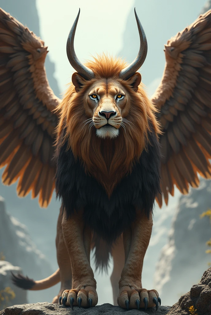 Lion with big eagles wings and long straight, but slightly curved horns