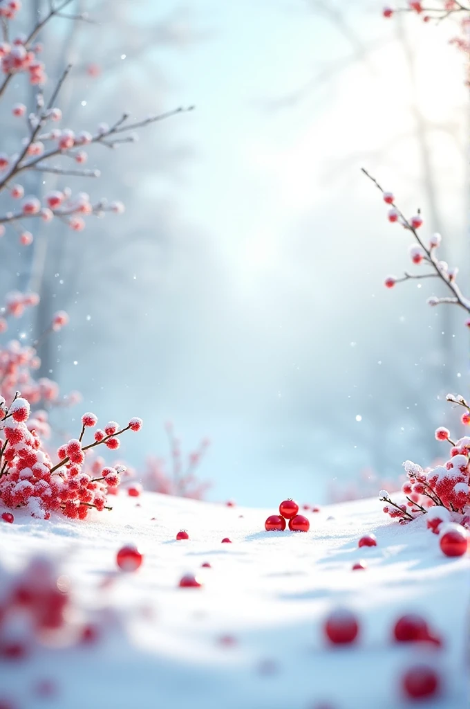 Background with snow and red berries scattered on it