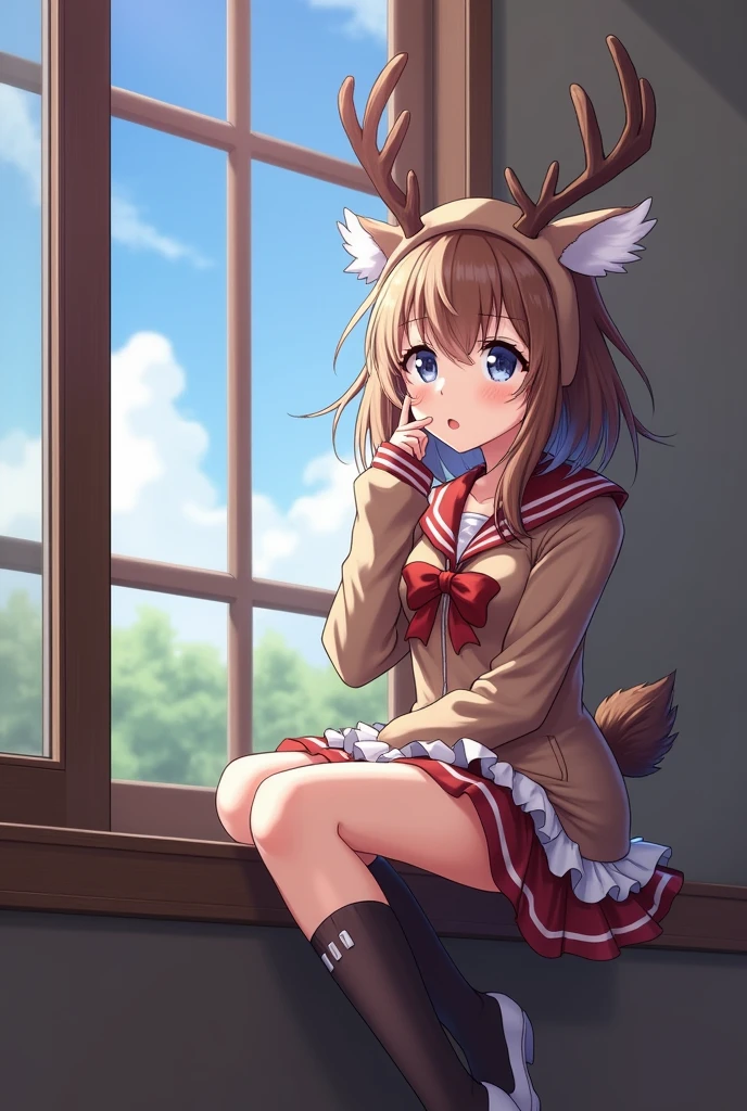 Anime girl character in deer costume listening to music thoughtfully by the window