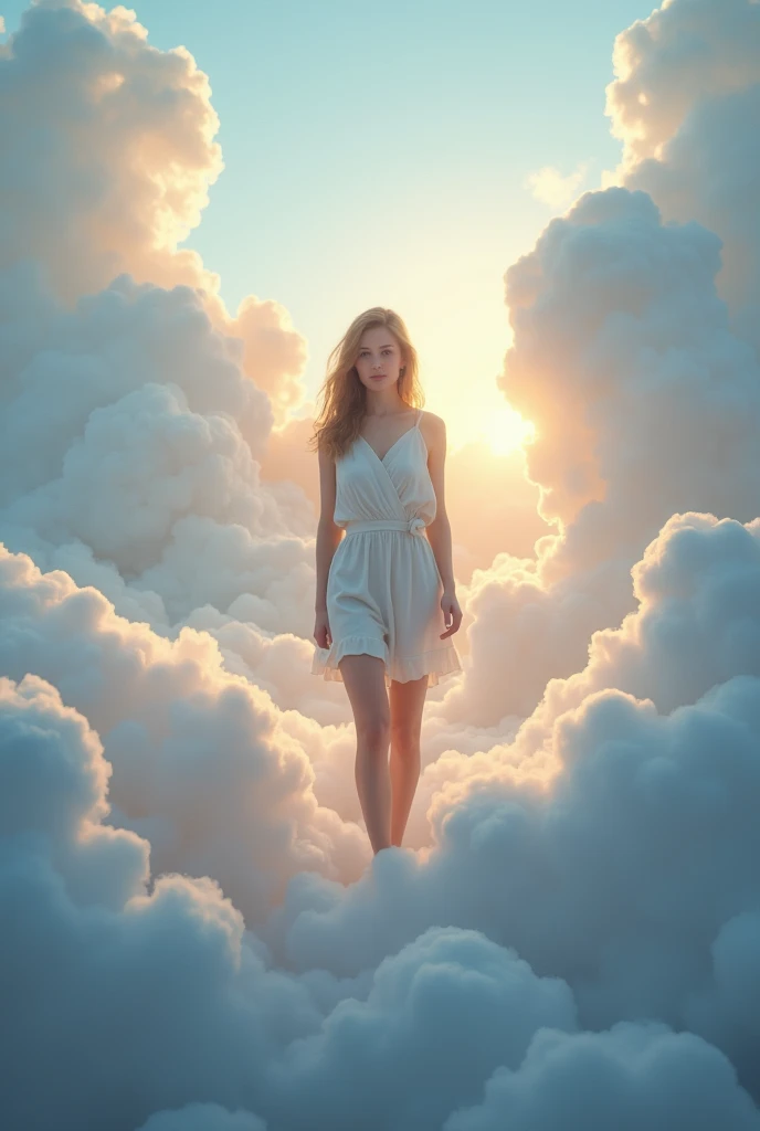 I want to modify a photo of a person sitting in front of a car. I would like you to remove the background of the car and instead put a landscape of soft and luminous clouds. besides, The person must be portrayed standing, as if I were walking on clouds. This image is a special tribute, since the person has died, so i want it to look delicate and serene."