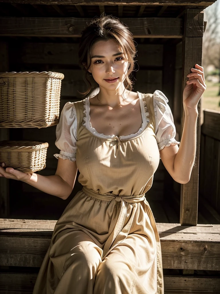 (masterpiece:1.4),(Beautiful 68 year old woman:1.5),(Facial wrinkles : 1.2),(traditional dirndl : 1.2), (plump body : 1), white skin, pores, skin blemishes, dull skin, gentle smile, wavy hair, large saggy breasts, (hanging breasts), limp breasts, soft breasts, flabby breasts, flexible breasts, in a horse stable, pitch fork, hay and straw, , detailed backgrounds, hot and sweaty