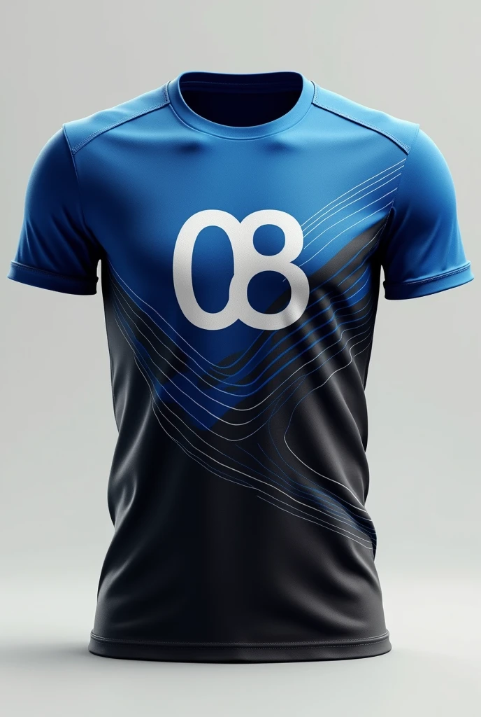 Create an image of a black and blue volleyball shirt, front and back, with beautiful details, without any writing, just the number 08 with a gradient at the beginning of the shirt, beautiful details that draw attention with white or dark blue lines in the middle of the shirt, entire image, gradient shirt