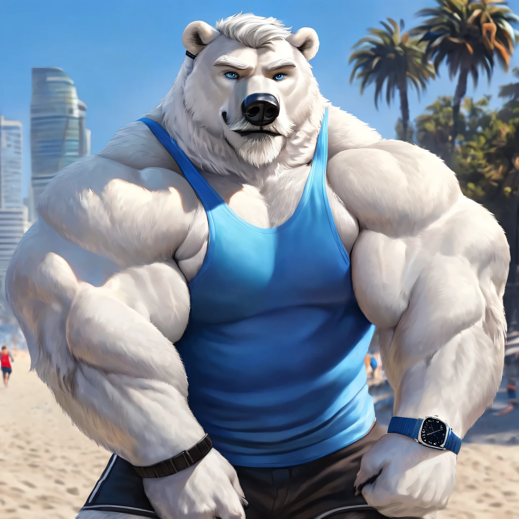 huge muscular polar bear in L.A. beach, big smirk, polar bear, huge white fur, thick arm, huge arm, white mustache, bearded white. white hair and beard, bearded, (muscular, pectoral, wide pectoral, thick arms), realistic, 8k, masterpiece, detailed grey eyebrows, detailed eyes with blue pupils, (wearing black shorts, wristband, watch, blue tank top and white shoes), flexing. Seeing how strong he is. Back arched. Shoulders up, roll forward. Elbows out. Forearms at a 30 degree bend. 