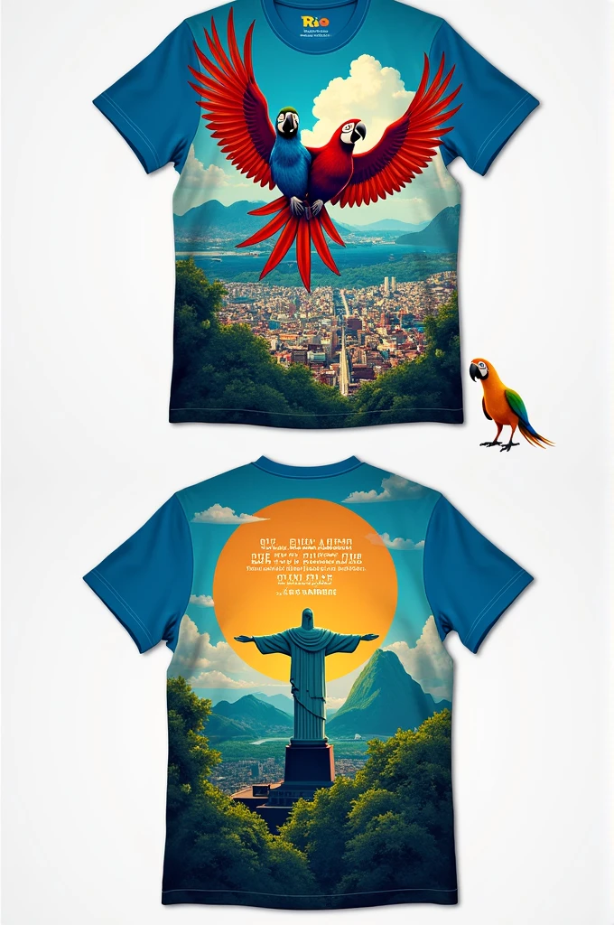 Front of the T-Shirt:

Color image of the main characters: Blu and Jewel flying together, with a vibrant background of the city of Rio de Janeiro.
Back of the shirt:

A stylized illustration of Christ the Redeemer, with a famous quote from the movie, like “It’s time to fly!” Additional details:

Add a small picture of one of your pet birds in the bottom right corner.
Use vibrant colors to capture the tropical, joyful essence of the film.