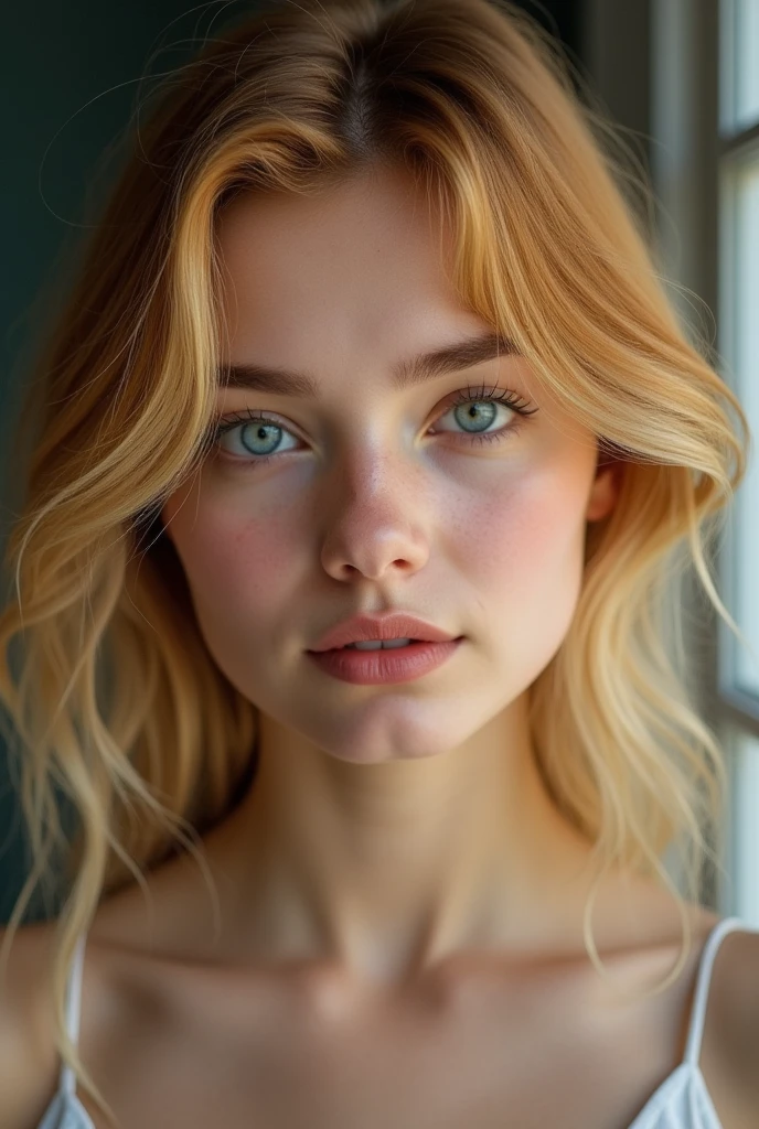Woman 20 years old, by balayage (rubio), skin very white, European traits, con russian lips, round face a little wide, almond-shaped and dark eyes, normal nose (Average size)
 