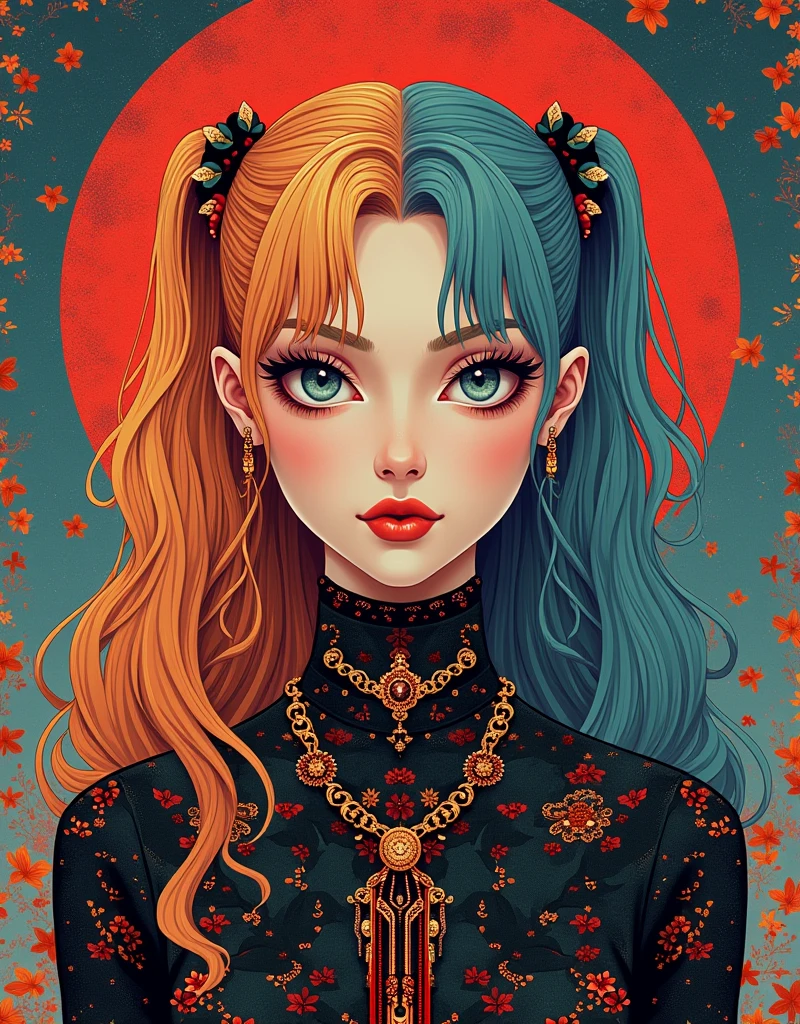 ((beste-Qualit)), ((masterpiece)), ((Realistic)), Ultra-detailed, young Ella Hunt, Twintails Medium Length Hairstyle, Perfect colorful gradient, Illustration Style: Ernst Fuchs, —q 4 —s 750