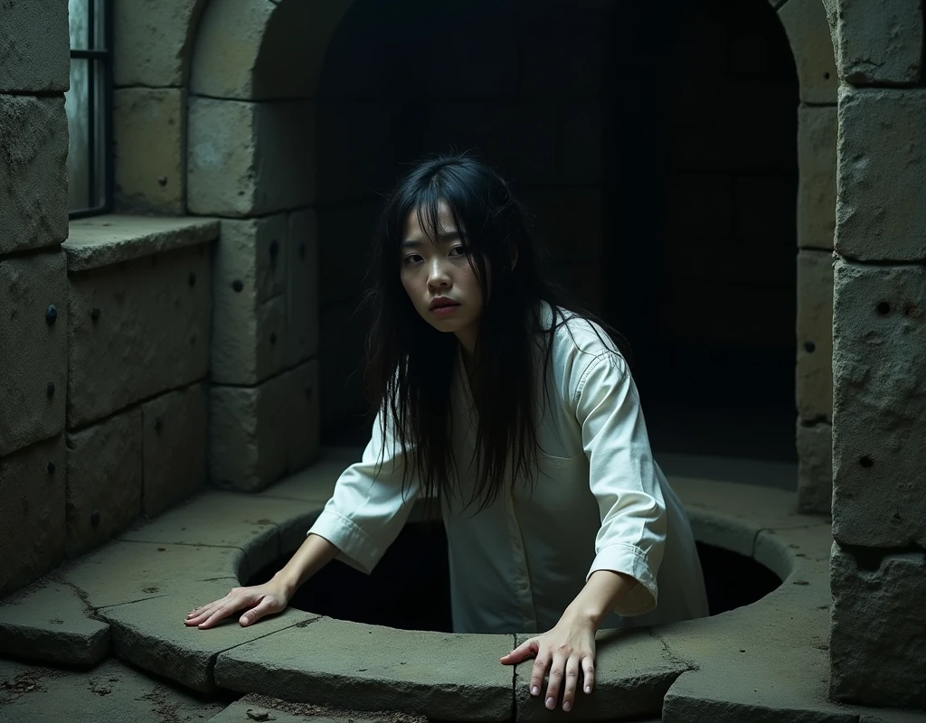 The basement, surrounded by black iron studded with iron rivets, is dark, eerie, rugged, and hideous cold. The only thing that gives it an alien, out-of-place feel is the stone well in the center of the room. A beautiful Japanese woman with long, messy black hair and white clothing is clasping her hands over the edge of the well and trying to crawl out.