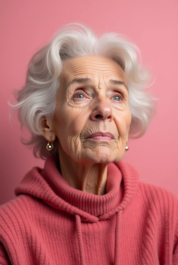 Generate a full shot of an older woman, striking with full, glossy lips slightly pursed in a playful and flirtatious manner. His eyes are large and sparkle with a mischievous, inquisitive glint.. His head is tilted down, which creates a lovely, shy pose of small waist and beautiful hips. The background should be vibrant, with bright colors that match their playful expression.