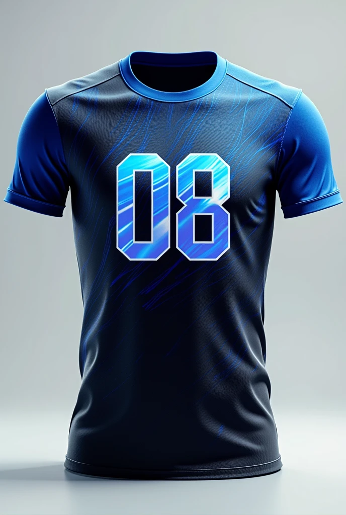 Create an image of a black and blue volleyball shirt, front and back, with beautiful details, without any writing, just the number 08 with a gradient at the beginning of the shirt, beautiful details that draw attention with white or dark blue lines in the middle of the shirt, entire image, gradient shirt