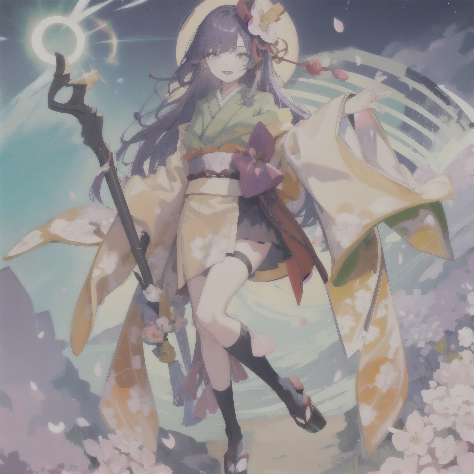 Tobita Nobuhisa, 1 Girl, Japanese clothes, Close one eye, Solitary, One hour challenge, Wide sleeves, night, Looking at the audience, Cherry blossoms, Long sleeve, Smile, petal, kimono，Holding a scepter，Purple long hair