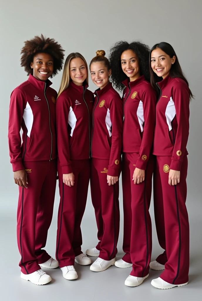 5 maroon and white Olympic outfits with gold