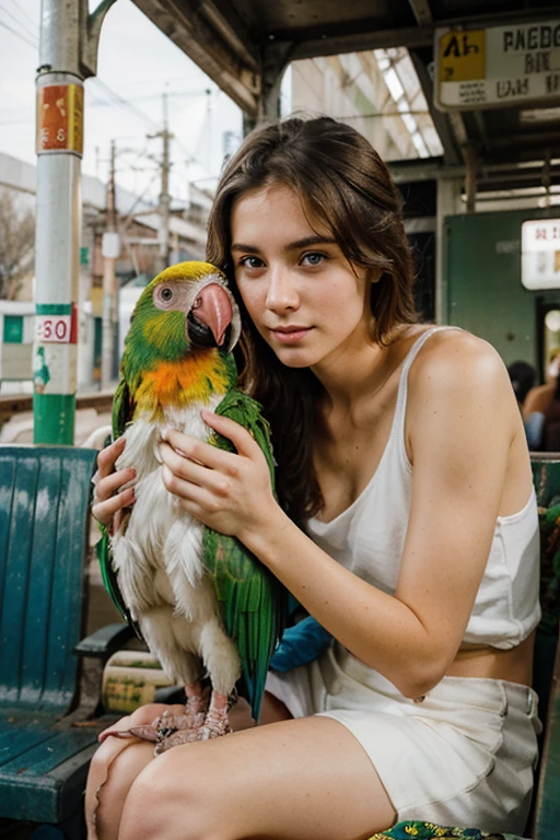 Young cute and handsome white face beautiful soft skin 27 year old waiting for an old train with a little parrot