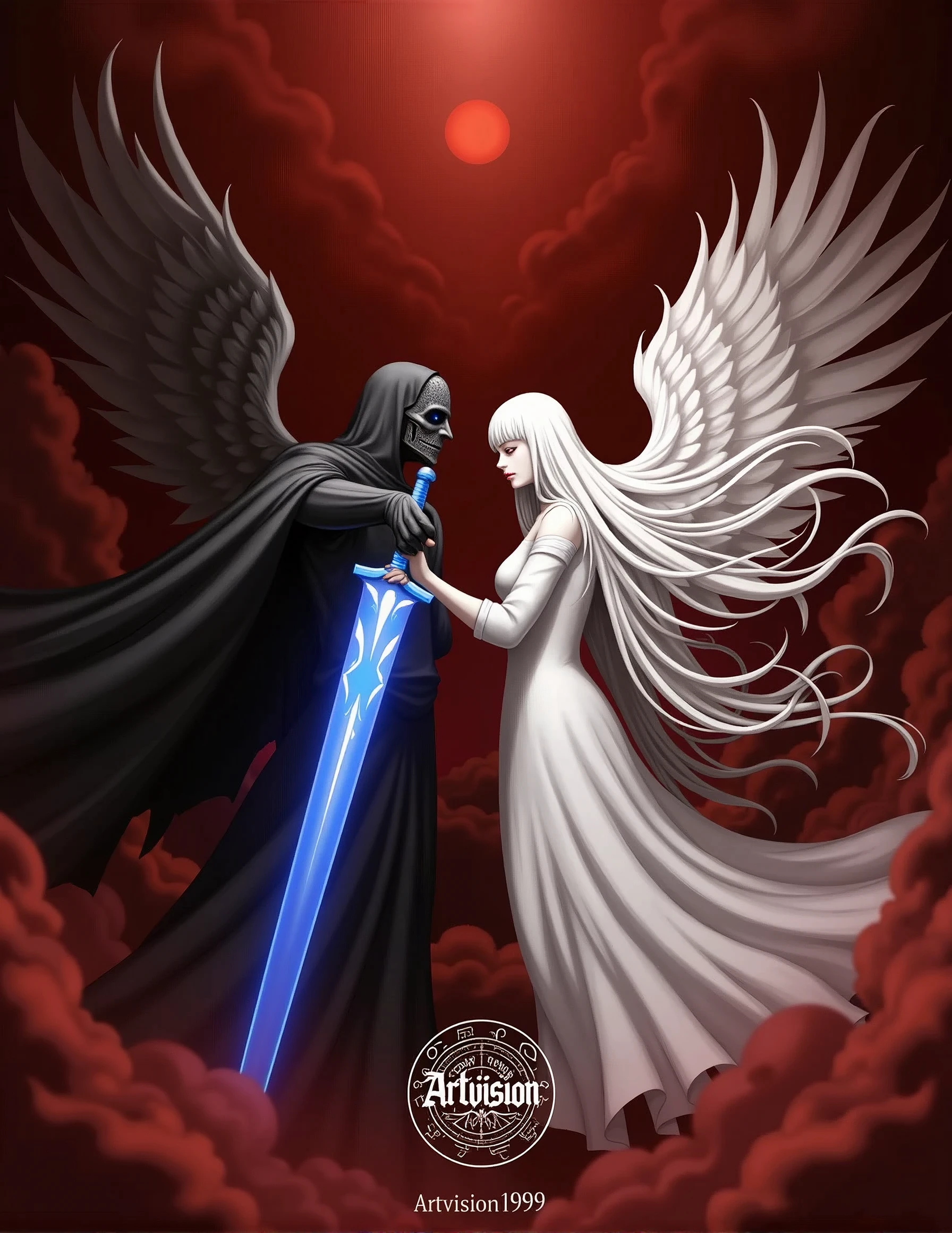 Fantasy-style illustration featuring a dramatic and intense scene. The layout is vertical, with a large, ethereal figure on the right side, draped in flowing white robes and possessing large, detailed wings. The figure has a serene, almost sorrowful expression, with pale skin and long, flowing hair. On the left side, Guts, the Black Swordsman, its massive blade glowing with a faint blue light. His face is partially obscured by his helmet, revealing a determined expression. The background is filled with swirling red mist and indistinct forms, adding to the chaotic and otherworldly atmosphere. The overall color palette is dominated by shades of red and white, creating a stark contrast between the two figures. At the bottom center, a circular logo bears the text 'Artvision1999' in a gothic font, subtly blending into the ominous environment.
