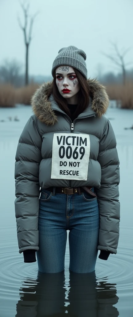 woman, moncler ultra-short down jacket no-hood,bib "VICTIM 0069 DO NOT RESCUE", flared jeans, stuck in bog,pale ethnic patterns ritual makeup, warm hat, cold, red lips