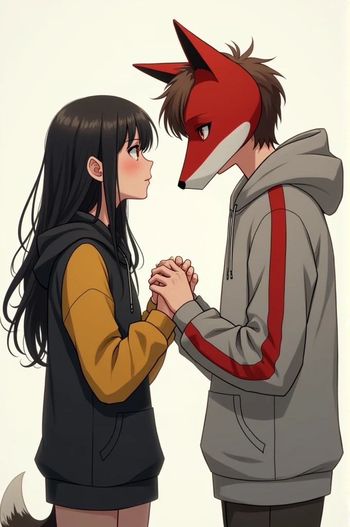 A simple art piece of two people holding hand, one a  girl with a yellow shirt and a black hoodie with yellow sleeves, she has pretty long black hair, one a 16 year old gray hoodie with a red stripe on the sleeves and his hood up and a red fox mask covering his face,and brown hair, the boy saying "I won't let you die!" To the girl