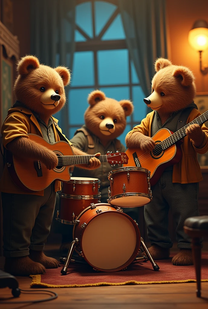 Three bears and playing piano, guitar and jazz drums
