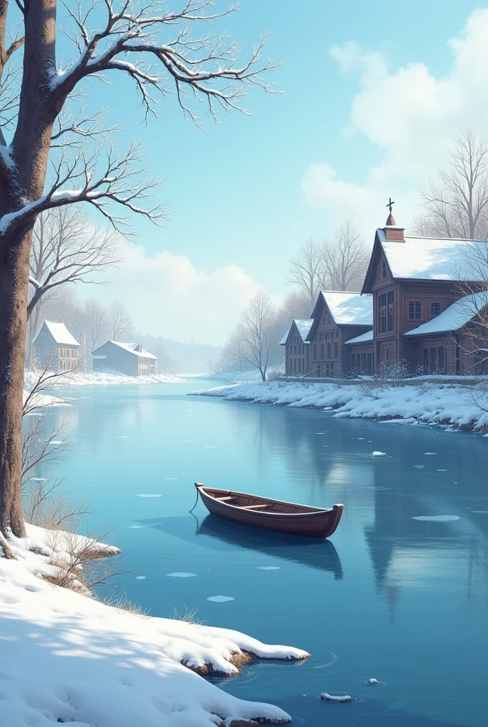 Winter river background with a boat in the middle, in the background there are carved houses in the style of ancient Rus', like in the film "He is a dragon"
