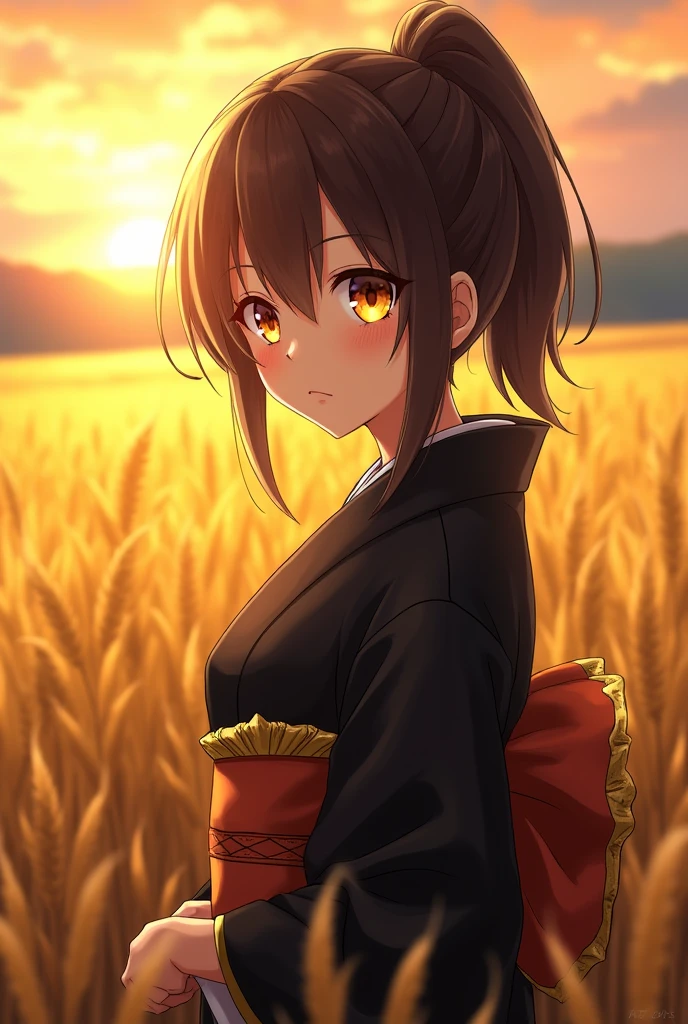 A girl in a kimono with an empty look stands up&#39;waist-high in a wheat field, a black kimono with gold edges, her hair is tied in a ponytail, yellow eyes, the sunset is reflected in his eyes, the light falls on his face, half sideways to the camera