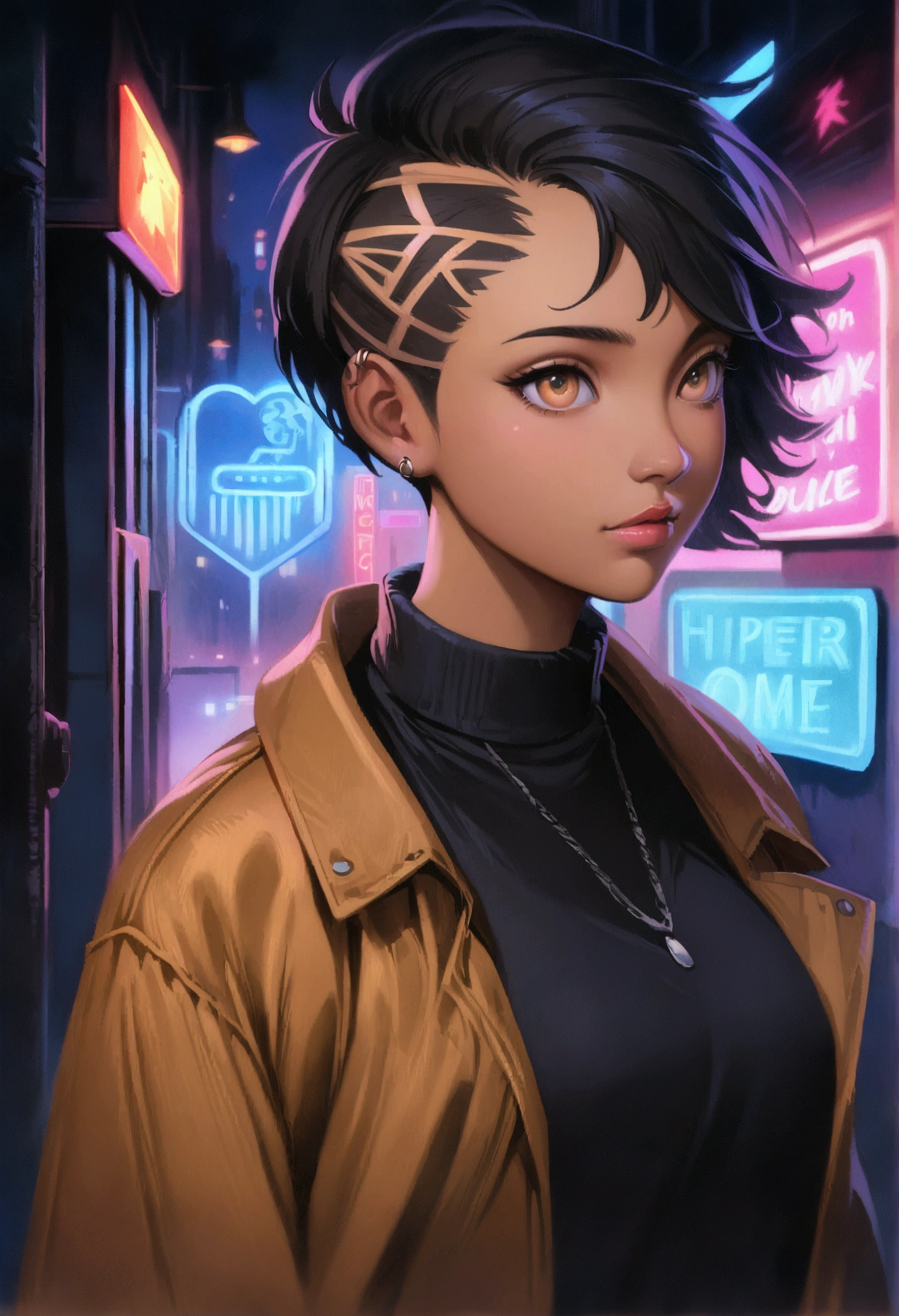 Dark skinned tomboy girl with undercut hair, illustrated by aoiro studio and masaaki komori, hyper detailed, neon lights, cinematic lighting, matte painting, illustrated in an oil painting style, trending on artstation, contemporary art, surrealistic and dreamlike atmosphere.