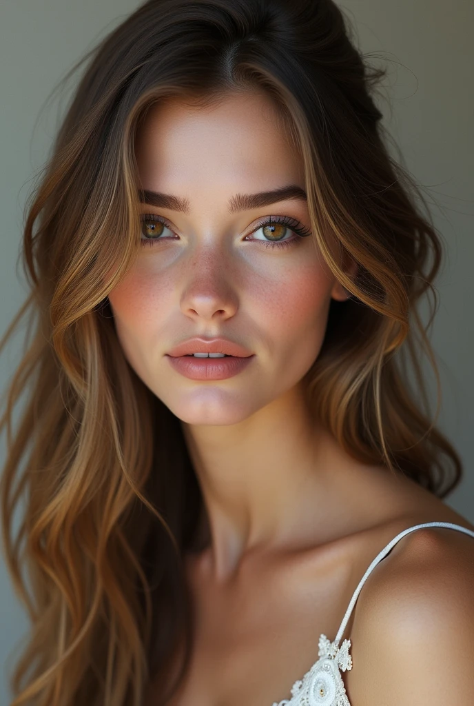 Woman 20 years old, brown hair with blond highlights very white skin, European traits, con russian lips, round face a little wide, almond-shaped and dark brown eyes, normal nose (Average size)