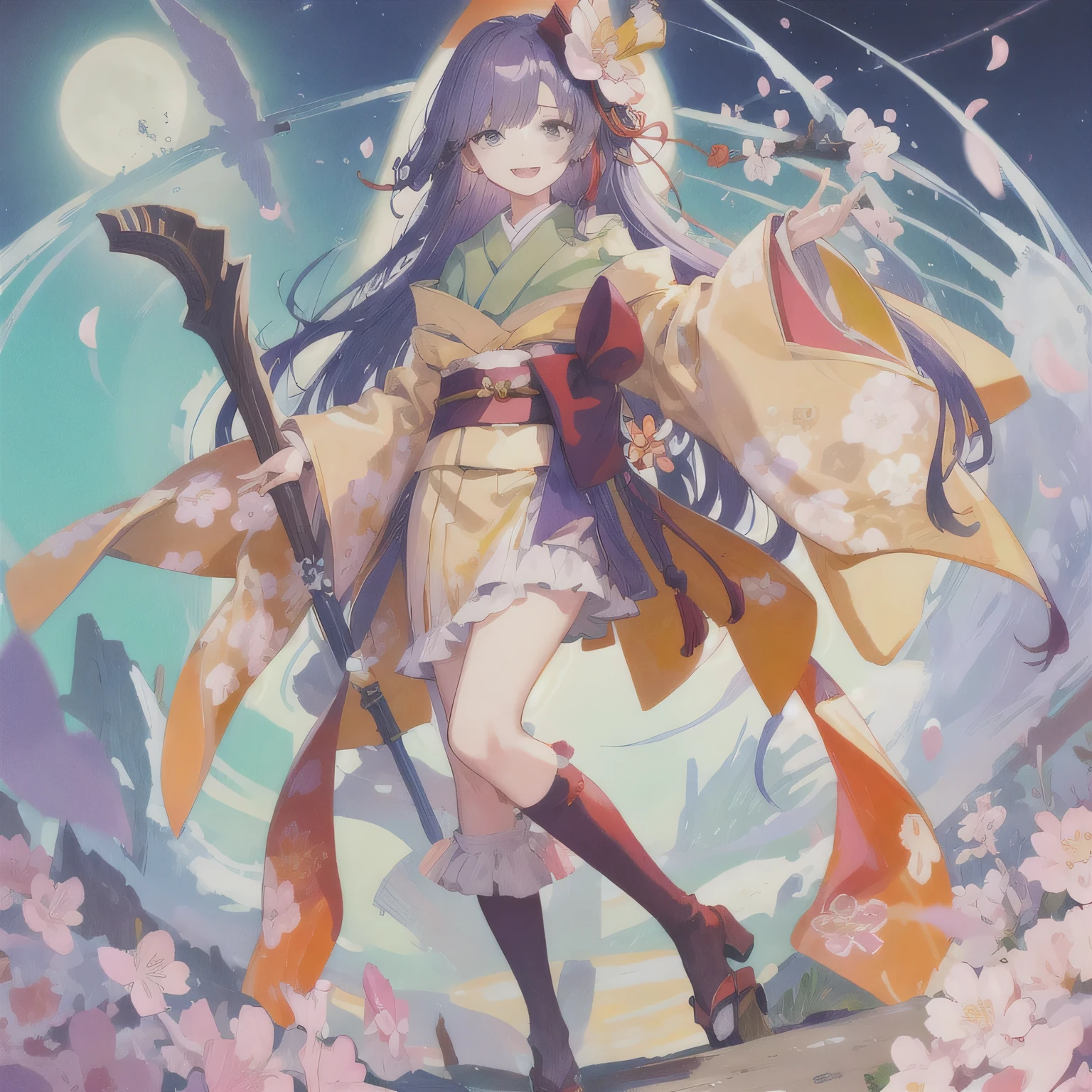 Tobita Nobuhisa, 1 Girl, Japanese clothes, Close one eye, Solitary, One hour challenge, Wide sleeves, night, Looking at the audience, Cherry blossoms, Long sleeve, Smile, petal, kimono，Holding a scepter，Purple long hair