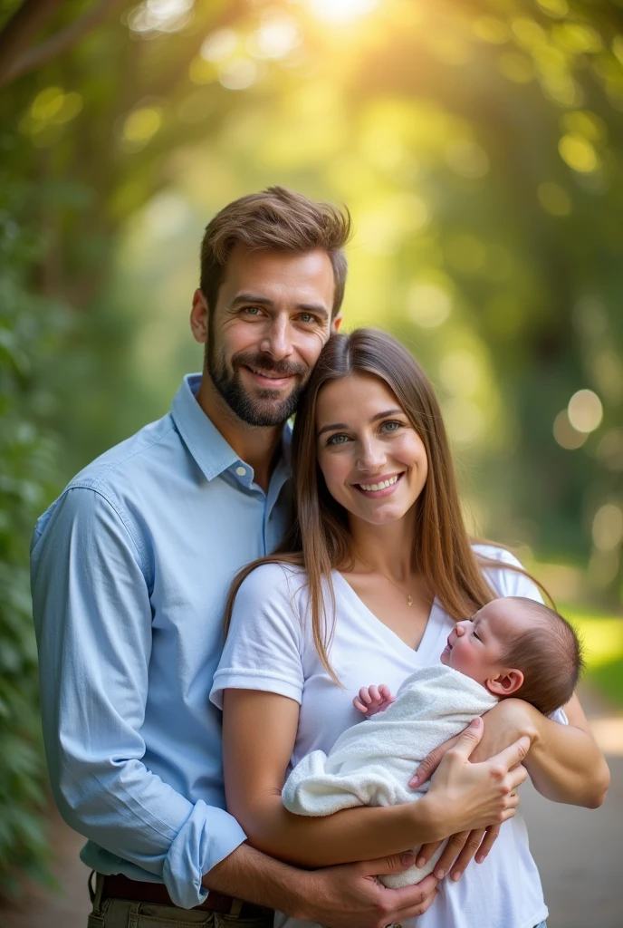 A beautiful garden in the background of the image with the father with blue eyes and the mother holding her ************ in her arms 