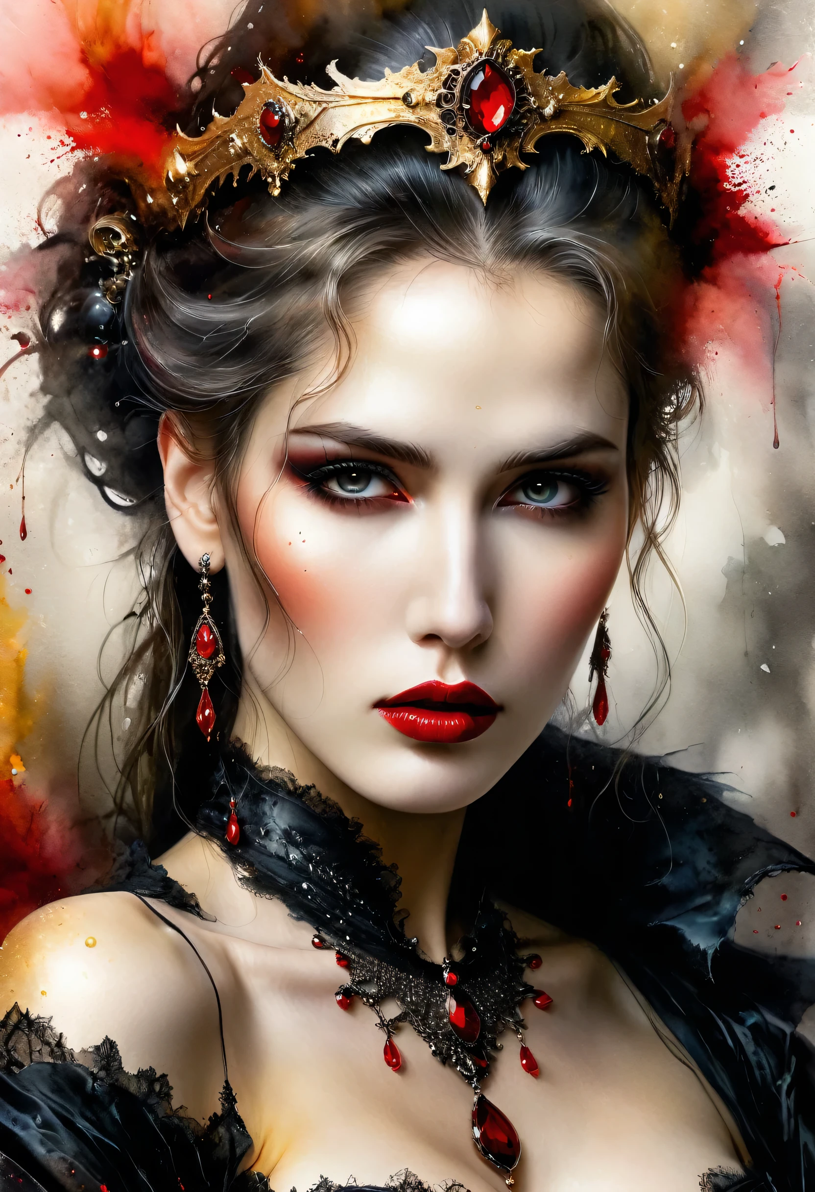 Fantasy realism, highly detailed mesmerizing HDR, digital art, extreme close-up, in the style of Luis Royo, bright red lips, pale skin, long hair tied with a tiara, black and lace robes in red and gold, bare shoulders, choker black and red lace, red jewelry, dynamic pose, sharp focus, very stylish, chiaroscuro, luminism, lights, highly detailed, high definition, hyperrealistic, illustration, perfect mix of watercolor and alcohol ink elements, UHD, cinematic, lighting bright, complex background with vibrant splashes of alcohol ink, deeply faded and muted triadic colors, beyond the realm of reality, 32k,
, sharp focus, hyperrealism painting concept art of detailed character design matte painting, blade runner with 4k resolution