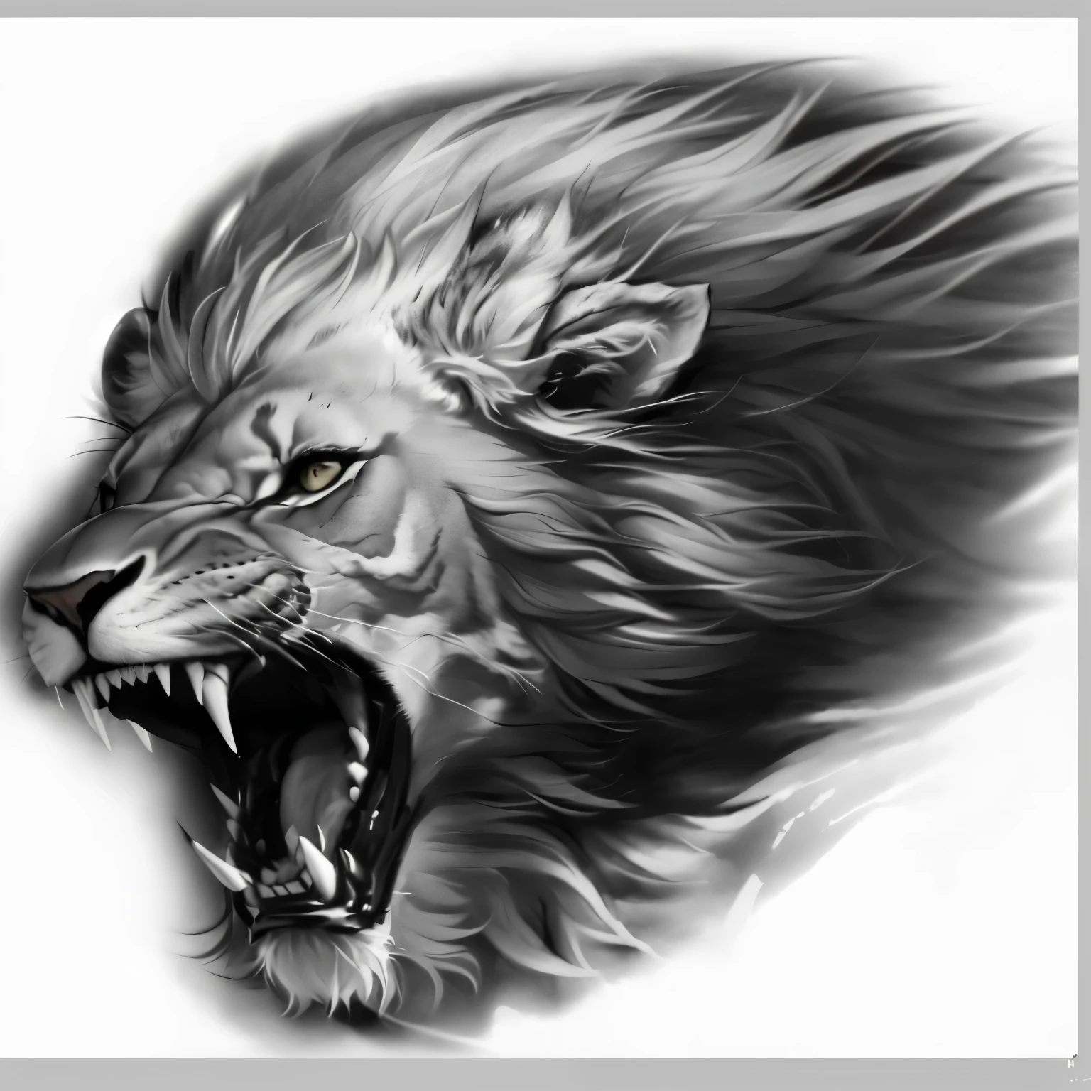 A drawing of a lion with its mouth open and its teeth wide open, detailed feathers and fur, realisitic. skin detailed, extremely skin detailed, very skin detailed, highly skin detailed, dramatic cinematic skin detailed, mainly in shades of gray, drawn with photoshop, realisitic black and white, monochromatic airbrush painting, volumetric skin, fluttering skin