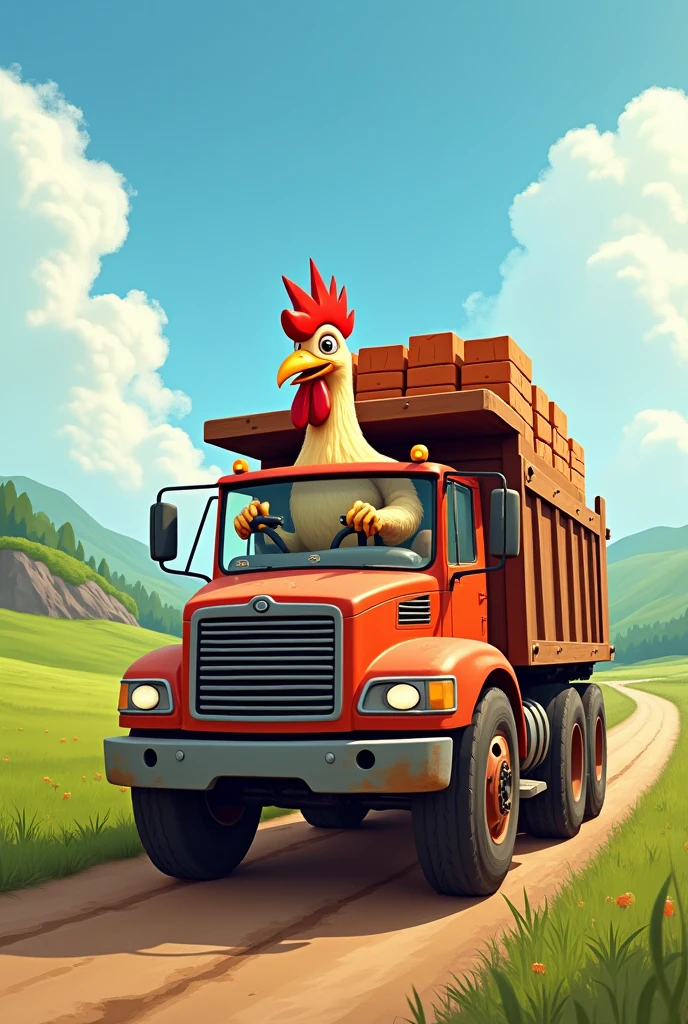 I want a rooster driving a truck that transports bricks