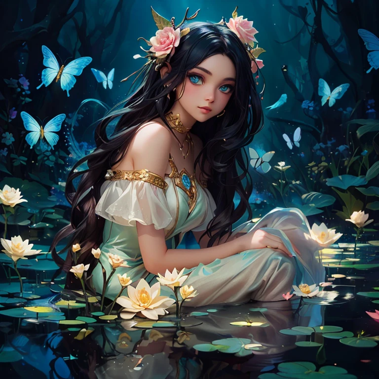 woman sitting in a pond, surrounded by butterflies and flowers, unearthly beauty, Ian J., bowwater style, Beautiful character art, a picture of beauty, inspired by Ross Tran, beautiful fantasy art, stunning young ethereal figure, fantasy art style, Ross Tran 8 K, beautiful fantasy art portrait, unearthly fairy tale, in the style of Ross Tran