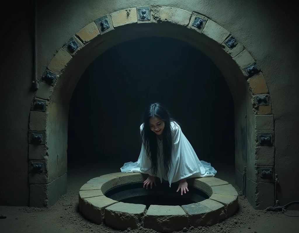 The basement is surrounded by black iron studded with iron rivets, giving off a dark, eerie, rugged, and hideous coldness. The only thing that gives it an alien, out-of-place feel is the stone well in the center of the room. A beautiful ghost woman with long, unruly black hair and a white costume is smiling mysteriously and is about to crawl out with her hand on the edge of the well.