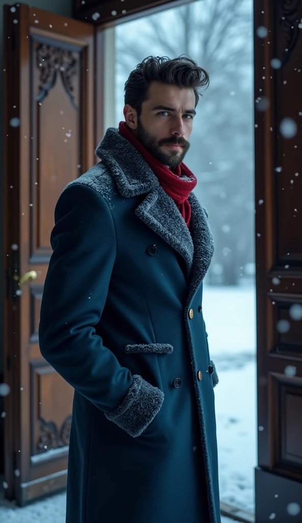 A 21-year-old young rich man with a small beard and big mustache, wearing a lush bluish pent coat and a red muffler. Snow-covered ground and icy environment. Dark, cold night with heavy snowfall. standing in front of grand mansion entrance door, looking outside from the door toward the snow, snowy and cold environment.